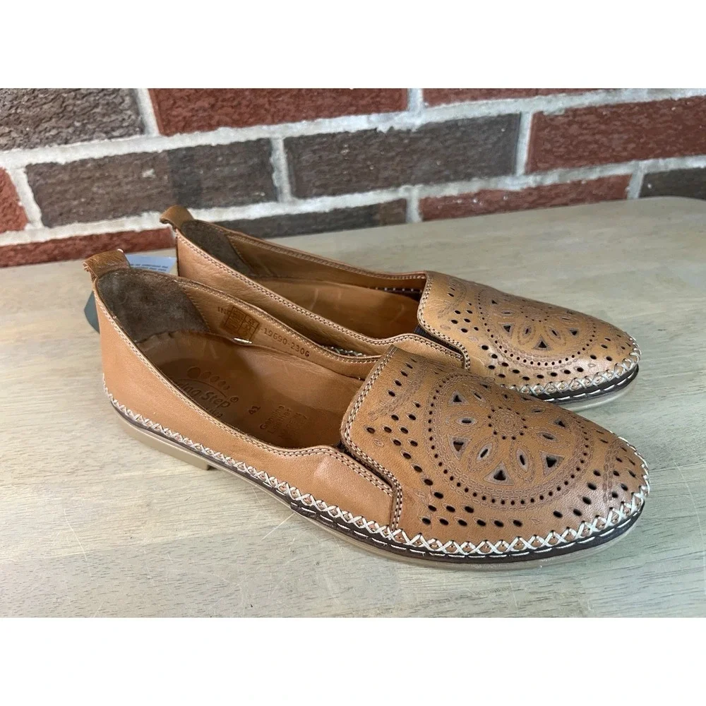 Spring Step Ingrid Women's Brown Leather Cutout‎ Floral Slip On Loafer Size 41